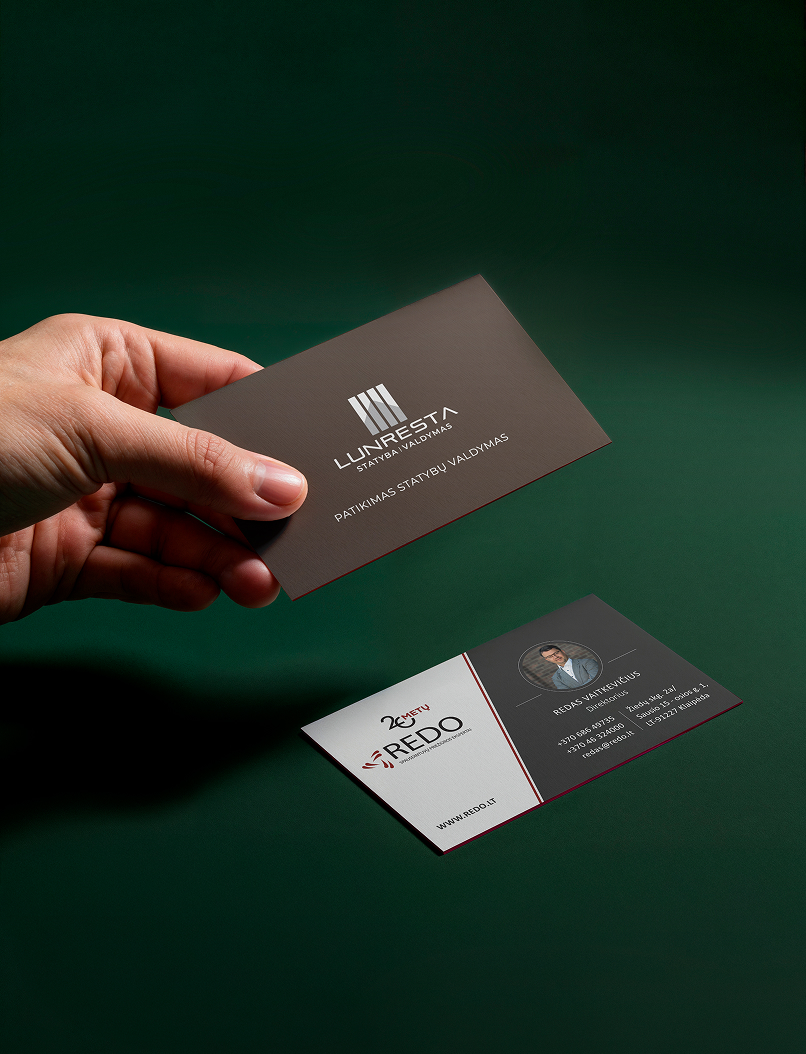 LUNRESTA ir REDO įmonių vizitinių kortelių dizainas.